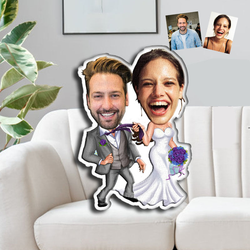 Oreiller Visage personnalisé Portrait 3D des jeunes mariés Coussin photo personnalisé Cadeau amusant pour une amie