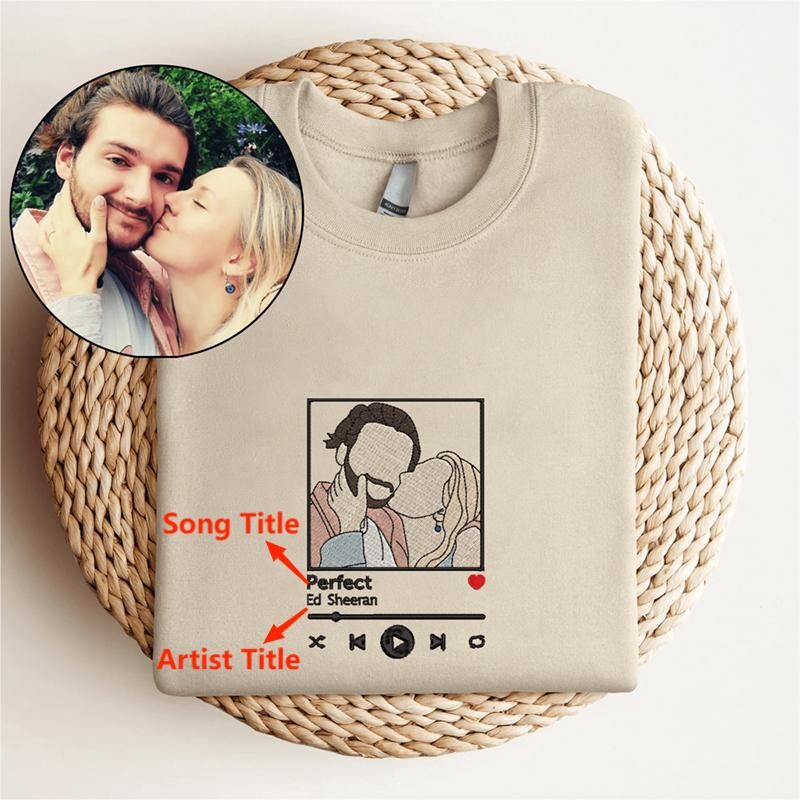Personalisiertes Sweatshirt Individuell besticktes Paar Farbfoto Musikspieler Design Tolles Geschenk für Liebhaber