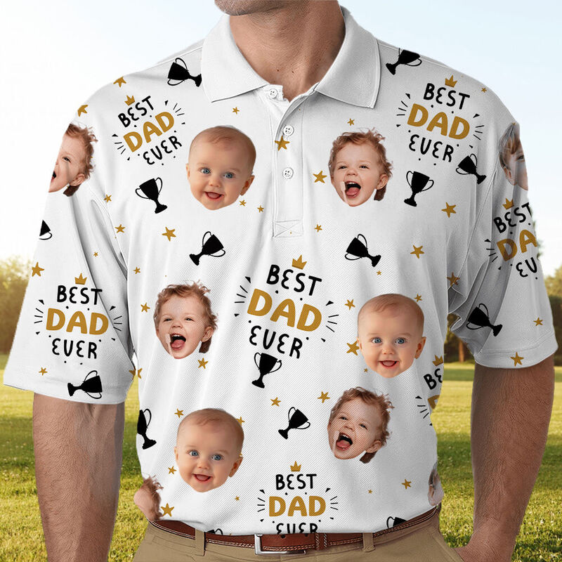 Personalized Photo Polo Shirt with Trophy Pattern Cool Gift for Dad