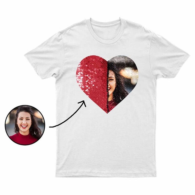 Personalisiertes T-Shirt in Herzform mit Pailletten und individuellem Fotodesign Kreatives Geschenk für Paare