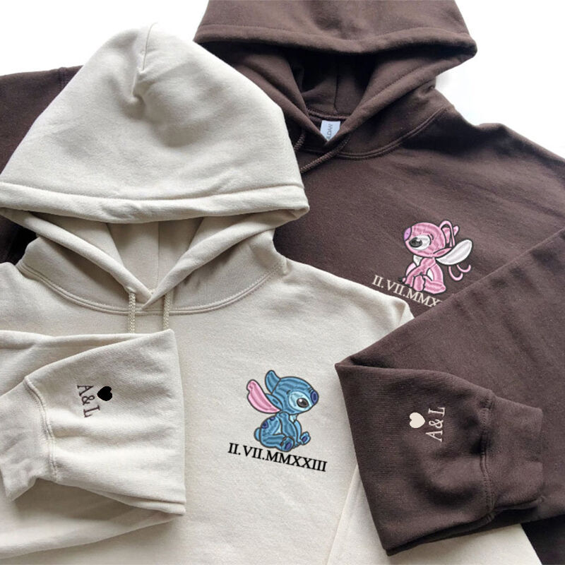 Personalisierter Hoodie mit gesticktem Stitch und Engel mit individuellem Datum in römischen Zahlen zum Jahrestag der Liebenden