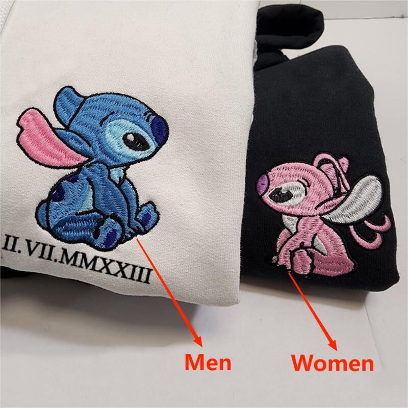 Personalisierter Hoodie mit gesticktem Stitch und Engel mit individuellem Datum in römischen Zahlen zum Jahrestag der Liebenden