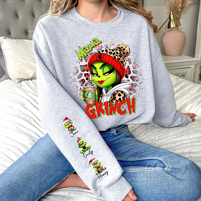 Personalisiertes Sweatshirt Grinch Mama mit individuellem Kinder Namensmuster Attraktives Weihnachtsgeschenk für liebe Mama