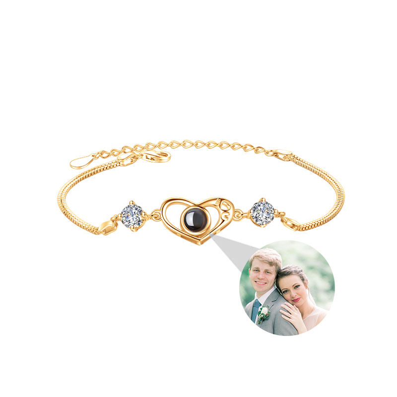 Sterling Silver Personalized Heart Photo Projection Bracelet with Diamonds for Couple