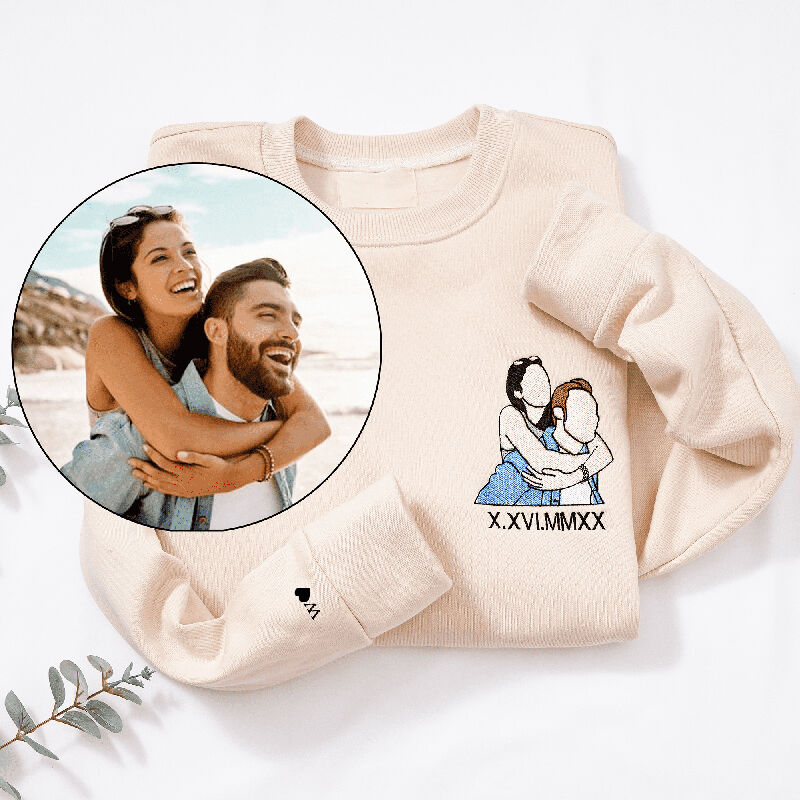Personalisiertes Sweatshirt Individuell besticktes Paar Farbfoto und römische Zahl Datum Großes Geschenk für Liebhaber