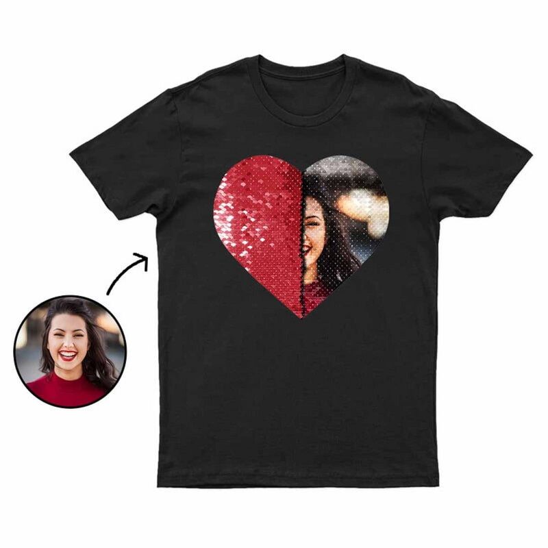 Personalisiertes T-Shirt in Herzform mit Pailletten und individuellem Fotodesign Kreatives Geschenk für Paare